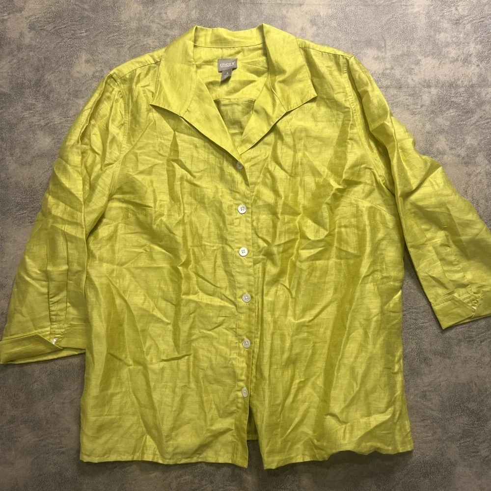 Chico's Shirt Size‎ 3 Green Lime Linen Blend Long Sleeve Blouse